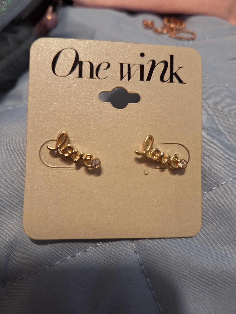 One Wink Gold 'love' Script Stud Earrings - Gold Tone New
